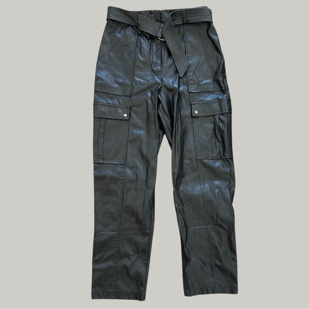 Jason Wu Black Faux Leather Cargo Straight-Leg Pants with Waist Tie